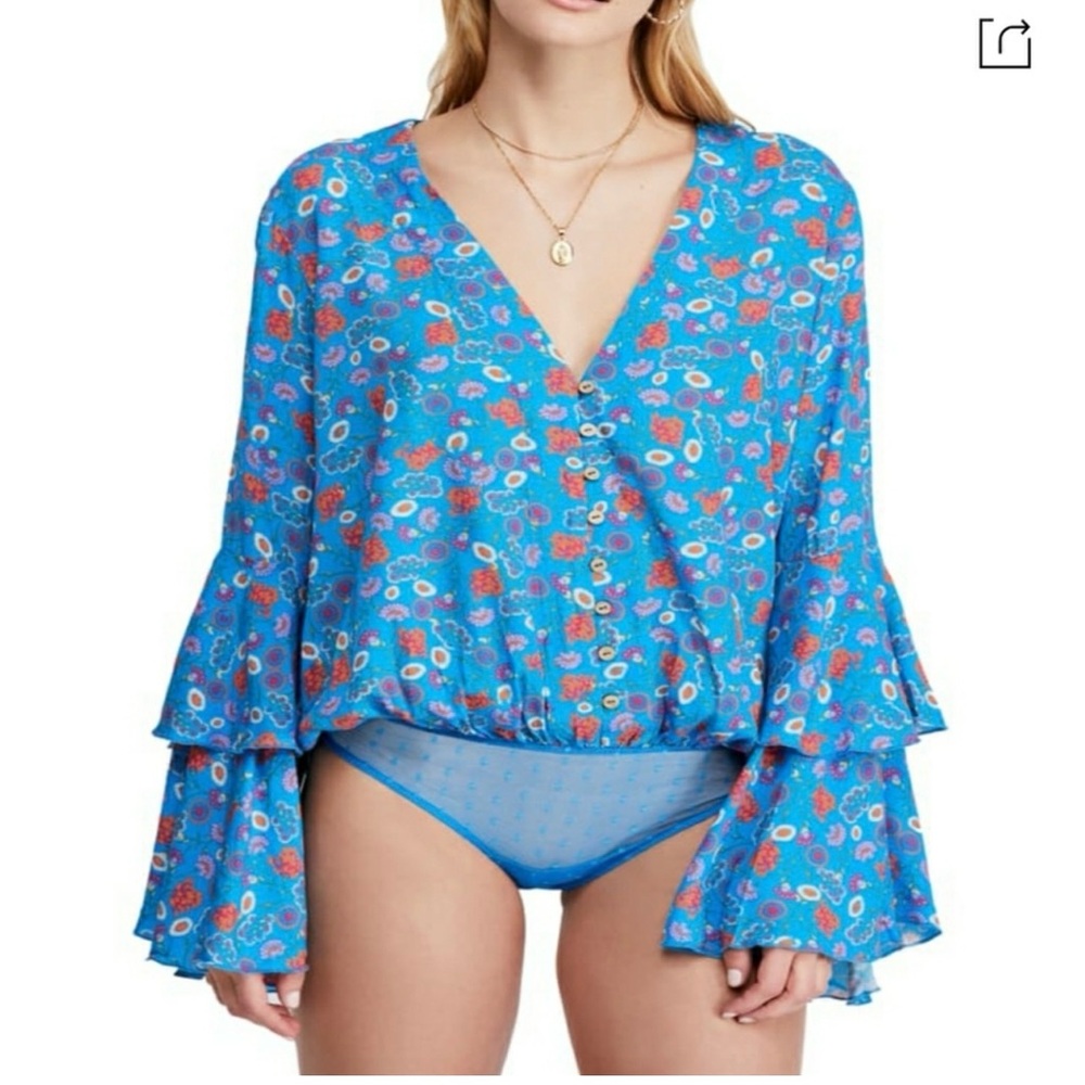 Free People Intimately Vibrant Blue Floral Bodysuit Size XS NWT